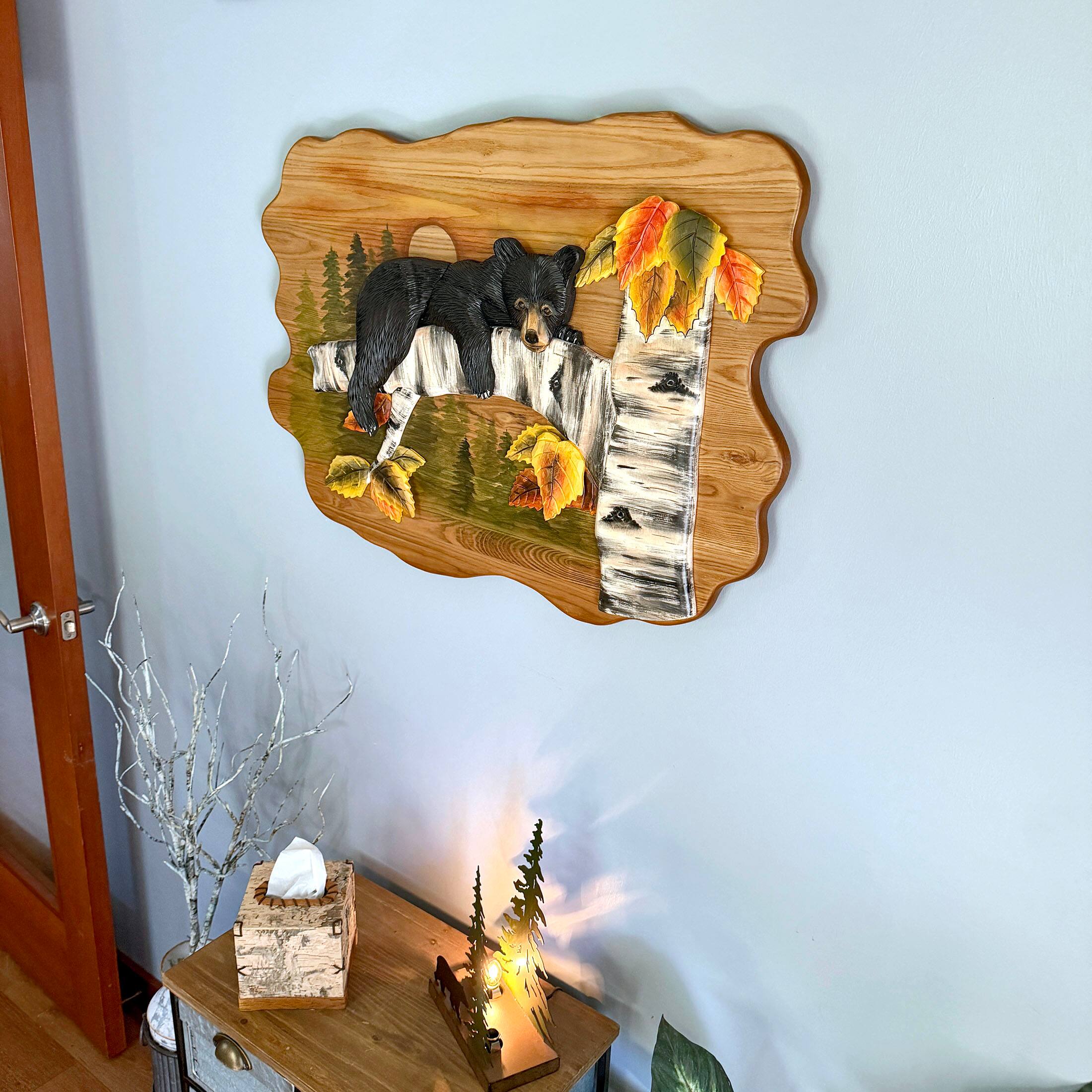 Alt View 4. Zeckos - Bear Cub in Birch Forest Wood Wall Sculpture 24x34.5 Glossy Brown Indoor Decor - Brown.