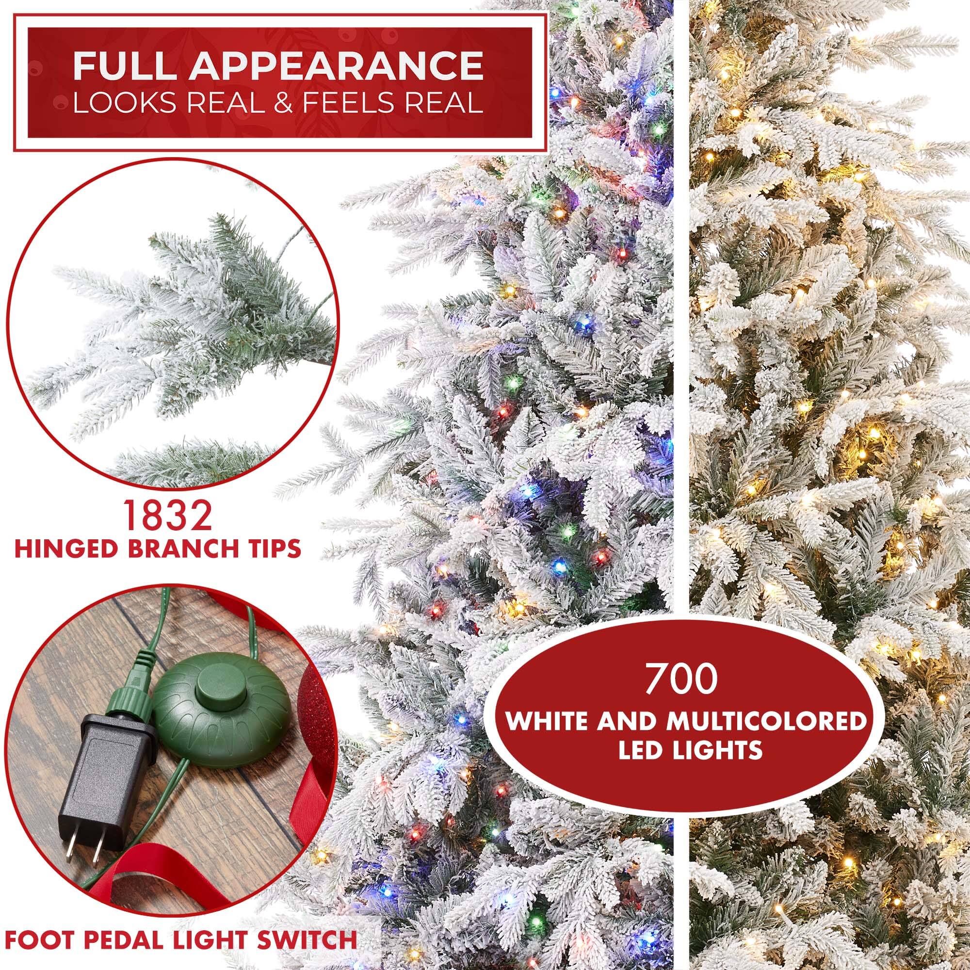 FULL APPEARANCE  
LOOKS REAL & FEELS REAL  

1832 HINGED BRANCH TIPS  

700 WHITE AND MULTICOLORED LED LIGHTS  

FOOT PEDAL LIGHT SWITCH
