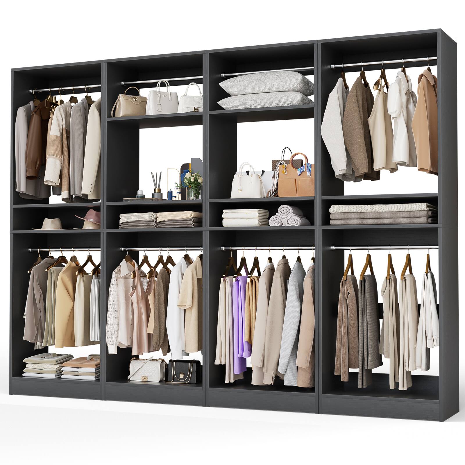 Alt View 1. Aheaplus - 100 Inch Large Closet System Set of 4, Freestanding Wardrobe System with 8 Hanging Rods and Shelves, Easy Assembly - Black.