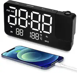 Stamp n Camp - Digital Projection Alarm Clocks for Bedrooms - Large LED Display, 180° Rotatable Projector, 2-Level Dimmer,USB Dual - White