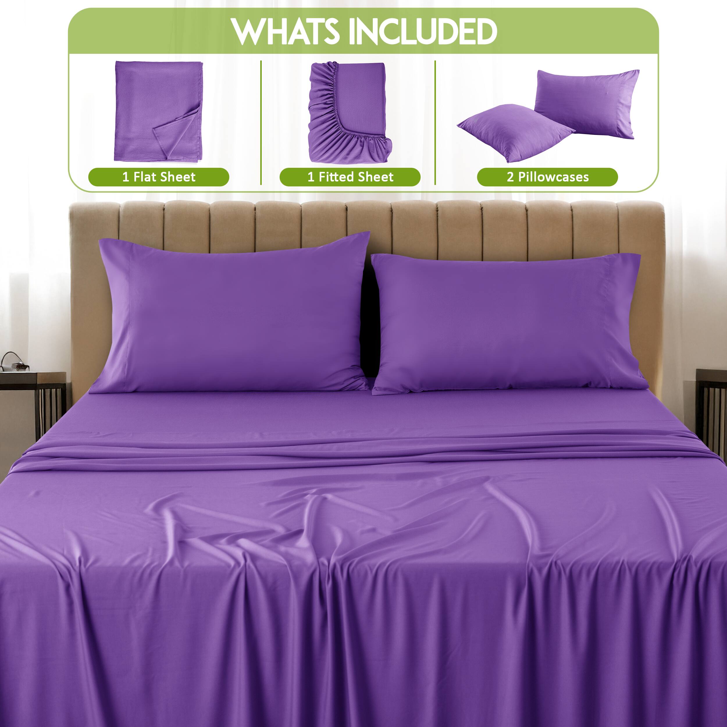 What's Included

1 Flat Sheet  
1 Fitted Sheet  
2 Pillowcases