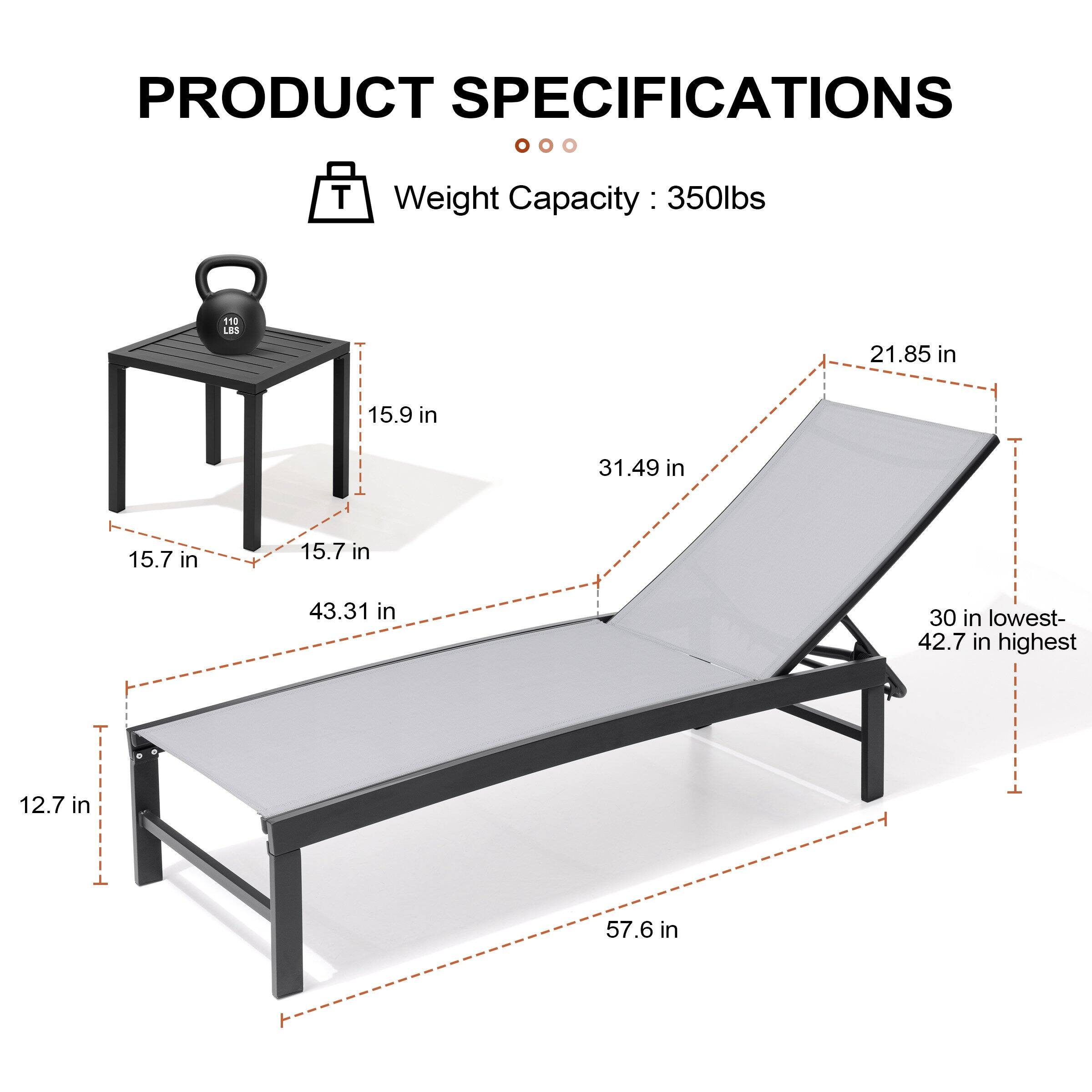 PRODUCT SPECIFICATIONS

Weight Capacity: 350lbs

- 15.9 in
- 15.7 in
- 15.7 in
- 21.85 in
- 31.49 in
- 43.31 in
- 12.7 in
- 57.6 in
- 30 in lowest- 42.7 in highest