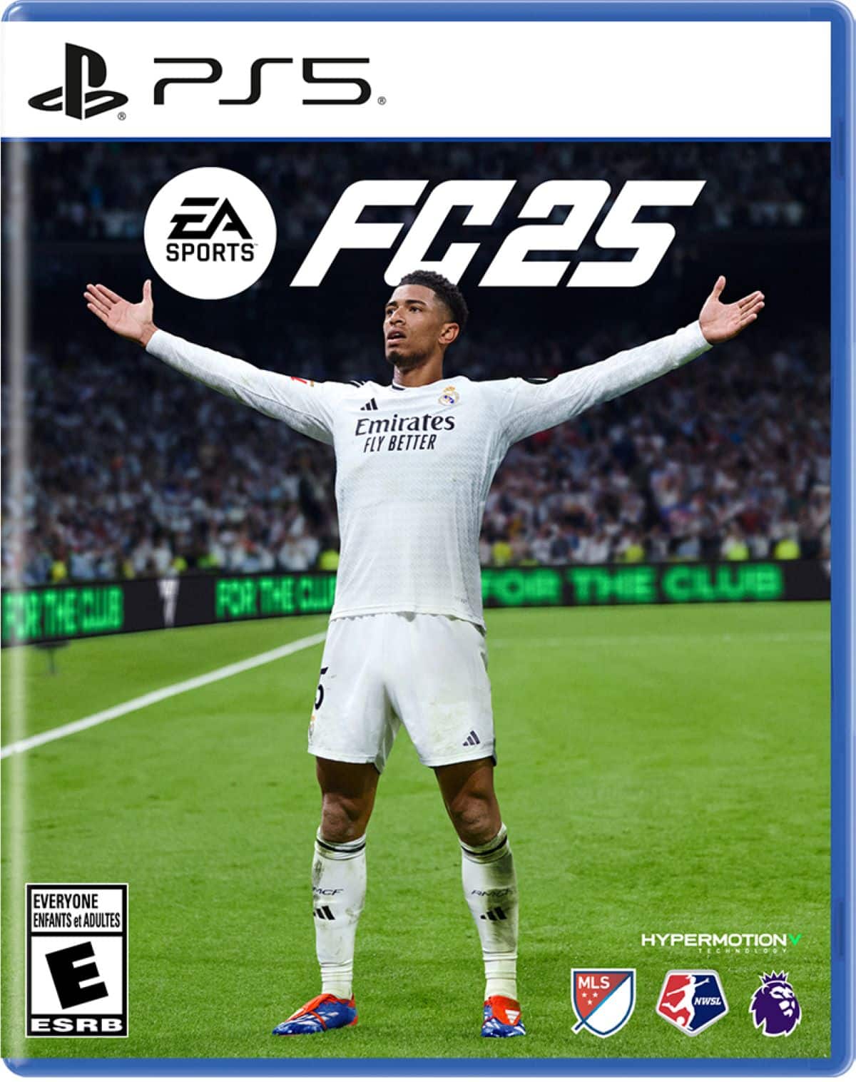 PS5 EA FC25 SPORTS Emirates FLY BETTER THE WUR FOR THE Cu FORR THIE CLUB EVERYONE ENFANTS et ADULTES E ESRB ACF I ~ HYPERMOTION ECHNOLOOT MLS NWSL
