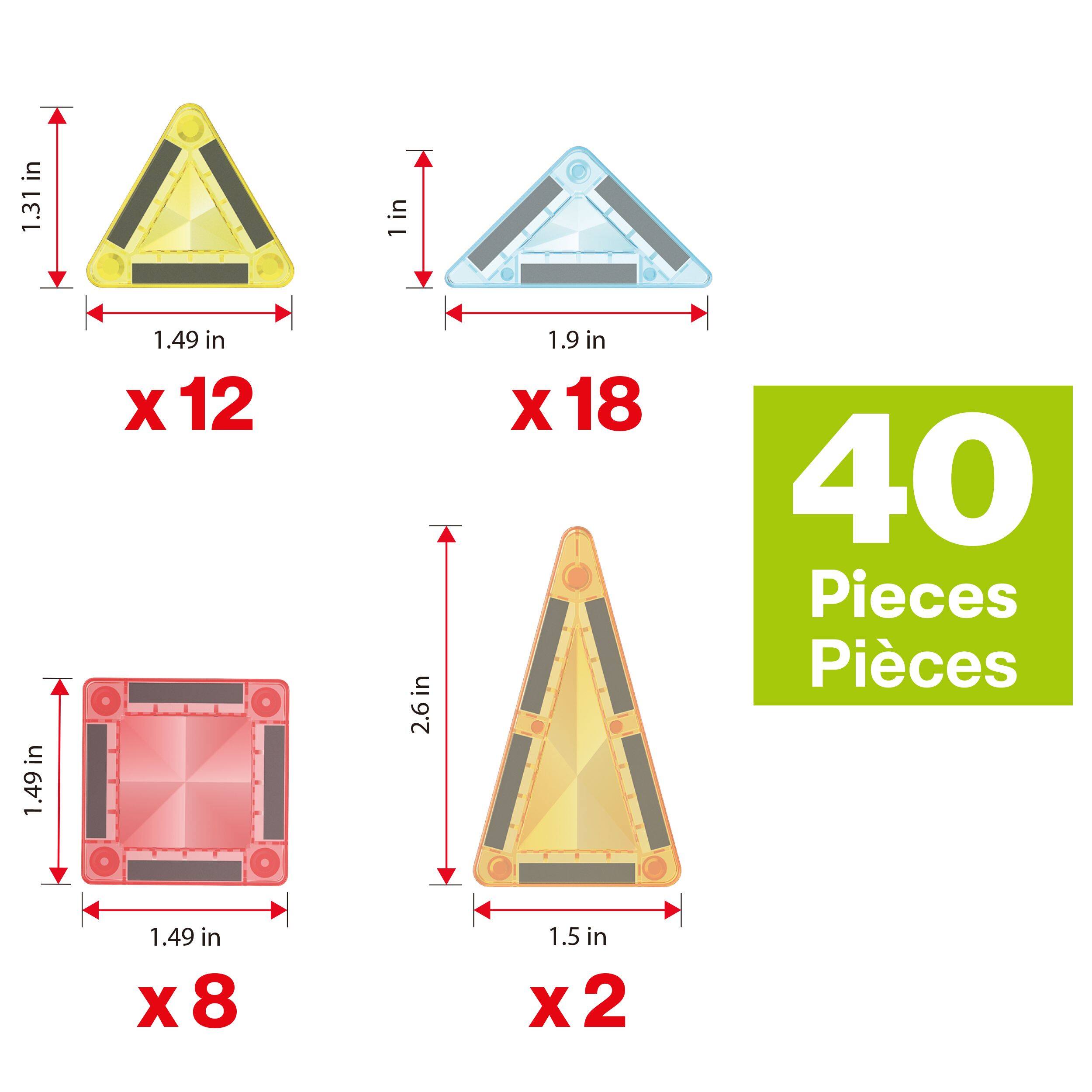 1.31 in x 1.49 in x 12  
1 in x 1.9 in x 18  
1.49 in x 1.49 in x 8  
1.5 in x 2.6 in x 2  
40 Pieces