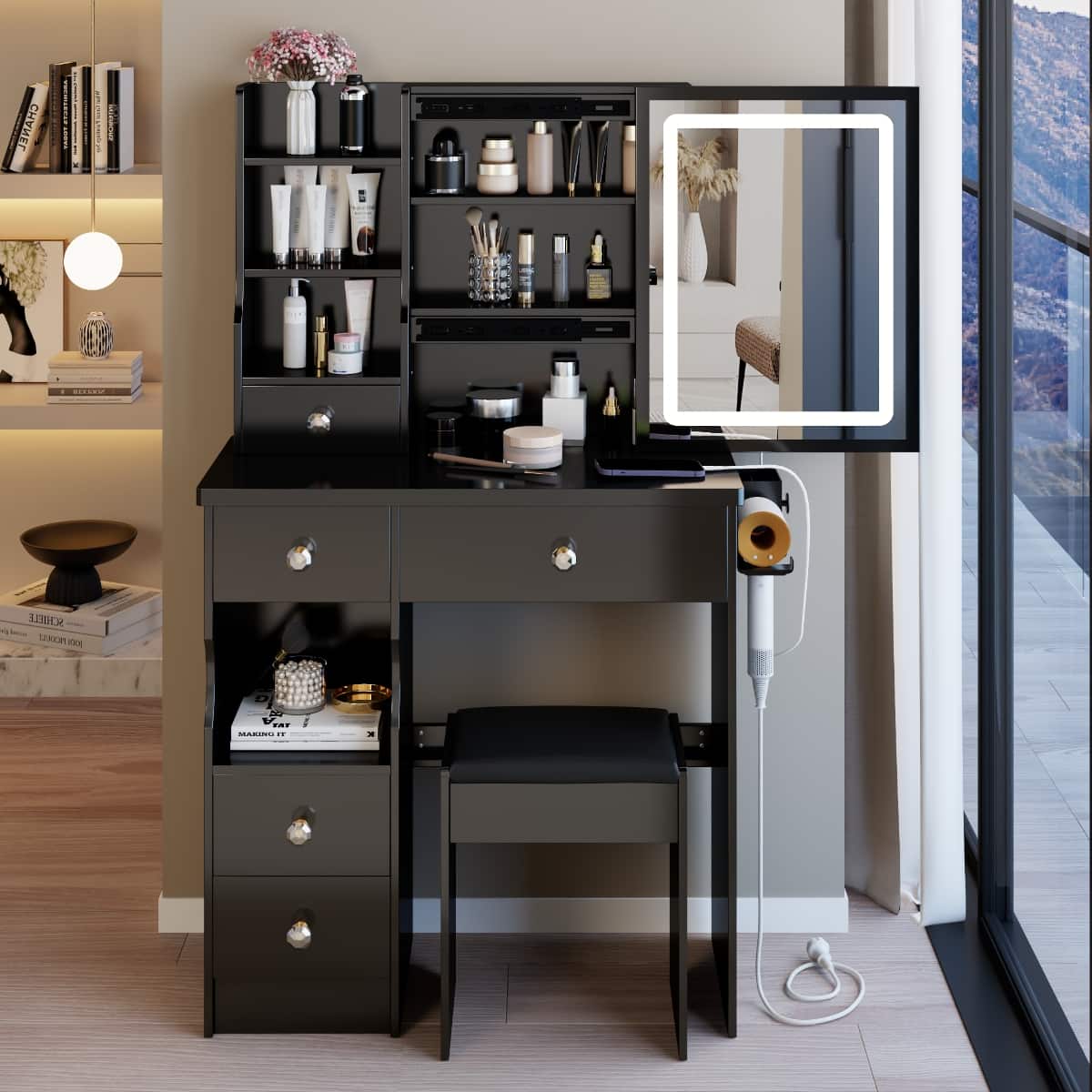 Loheer - 29.2 inch Small Vanity Table with LED Mirror, Stool, Charging Station and Hair Dryer Holder - Black