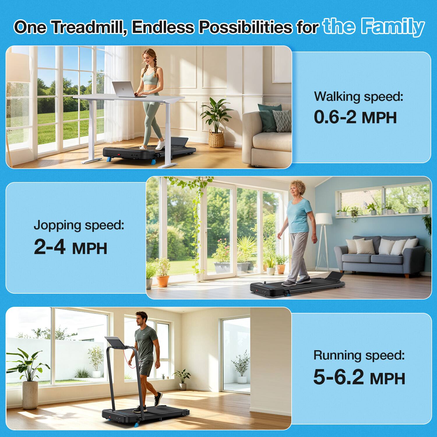 One Treadmill, Endless Possibilities for the Family

Walking speed: 0.6-2 MPH

Jopping speed: 2-4 MPH

Running speed: 5-6.2 MPH
