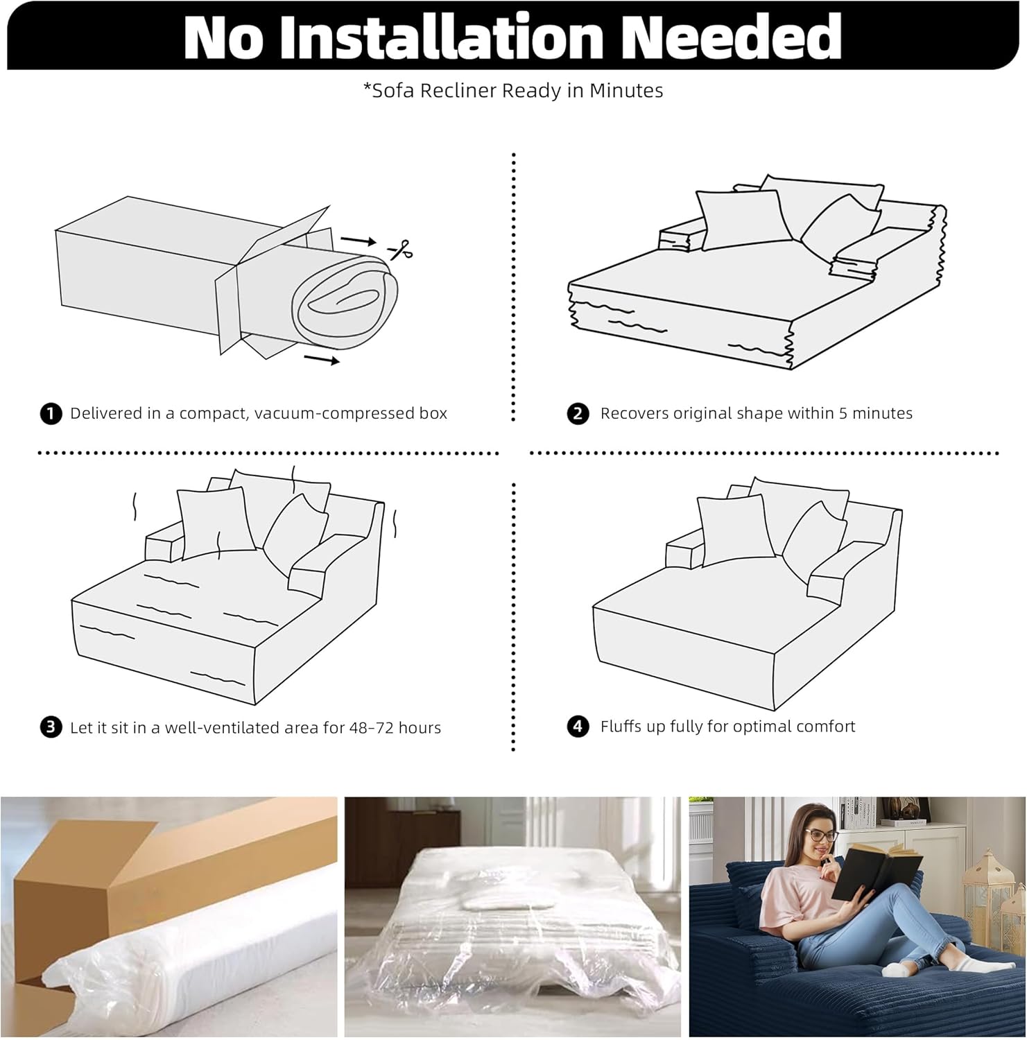 No Installation Needed  
*Sofa Recliner Ready in Minutes  

1. Delivered in a compact, vacuum-compressed box  
2. Recovers original shape within 5 minutes  
3. Let it sit in a well-ventilated area for 48-72 hours  
4. Fluffs up fully for optimal comfort