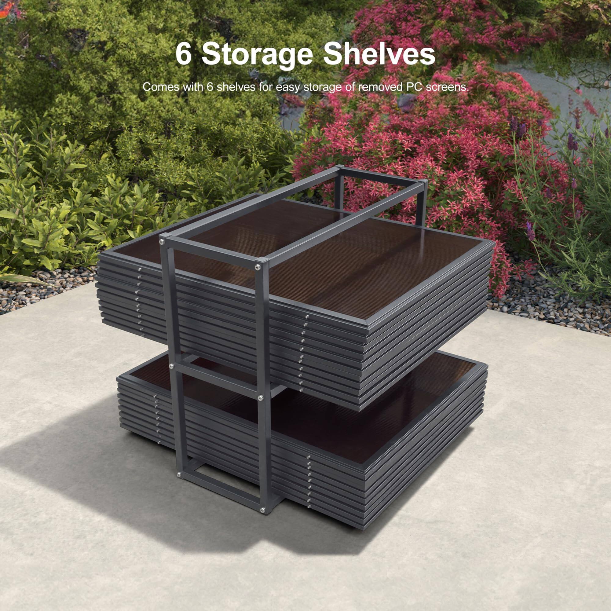 6 Storage Shelves  
Comes with 6 shelves for easy storage of removed PC screens.