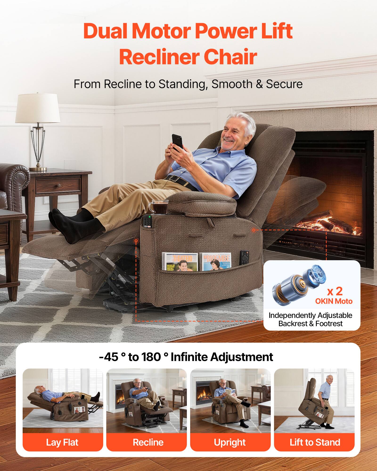 Dual Motor Power Lift Recliner Chair  
From Recline to Standing, Smooth & Secure  

-45° to 180° Infinite Adjustment  

X 2 OKIN Moto  
Independently Adjustable Backrest & Footrest  

Lay Flat  
Recline  
Upright  
Lift to Stand