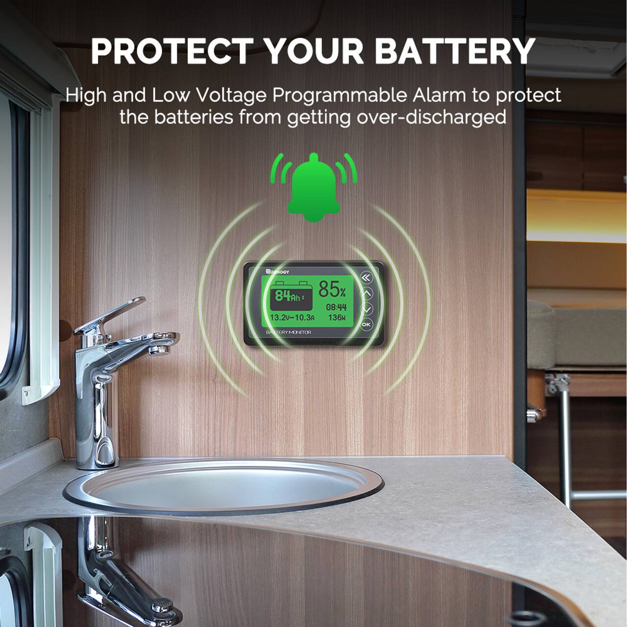 Protect Your Battery: High and Low Voltage Programmable Alarm to protect the batteries from getting over-discharged. 84Ah 85% 08:44 13.2v-10.34 1364 Fault Protected OK.