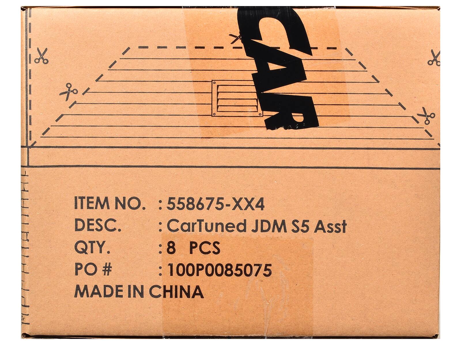 o O CAR  
ITEM NO. : 558675-XX4  
DESC. : CarTuned JDM S5 Asst  
QTY. : 8 PCS  
PO # : 100P0085075  
MADE IN CHINA
