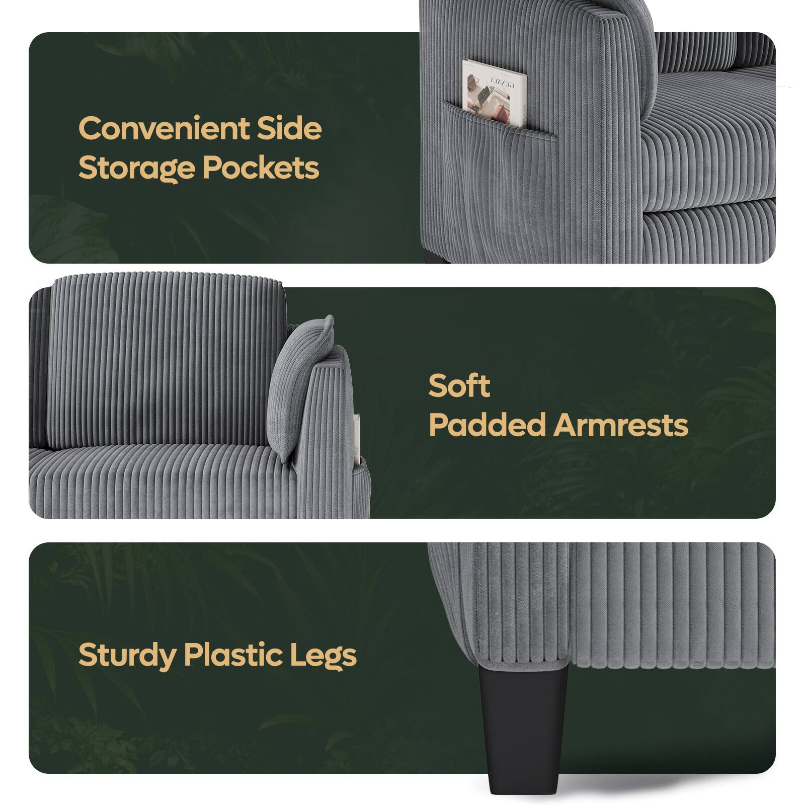 1. Convenient Side Storage Pockets
2. Soft Padded Armrests
3. Sturdy Plastic Legs