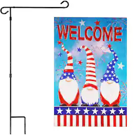 G128 - Combo Pack: 36 x 16 in Garden Flag Stand & 12 x 18 in Double-Sided Blockout Patriotic Welcome 3 Gnomes Flag - Assorted Colors