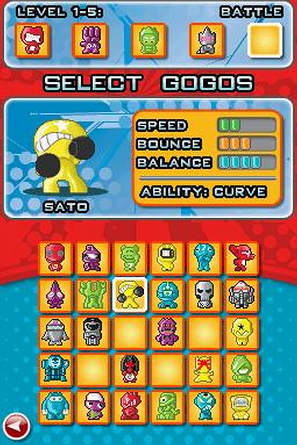 LEVEL 1-5:  
SELECT GOGOS  

SPEED BOUNCE BALANCE  
ABILITY: CURVE  

SATO