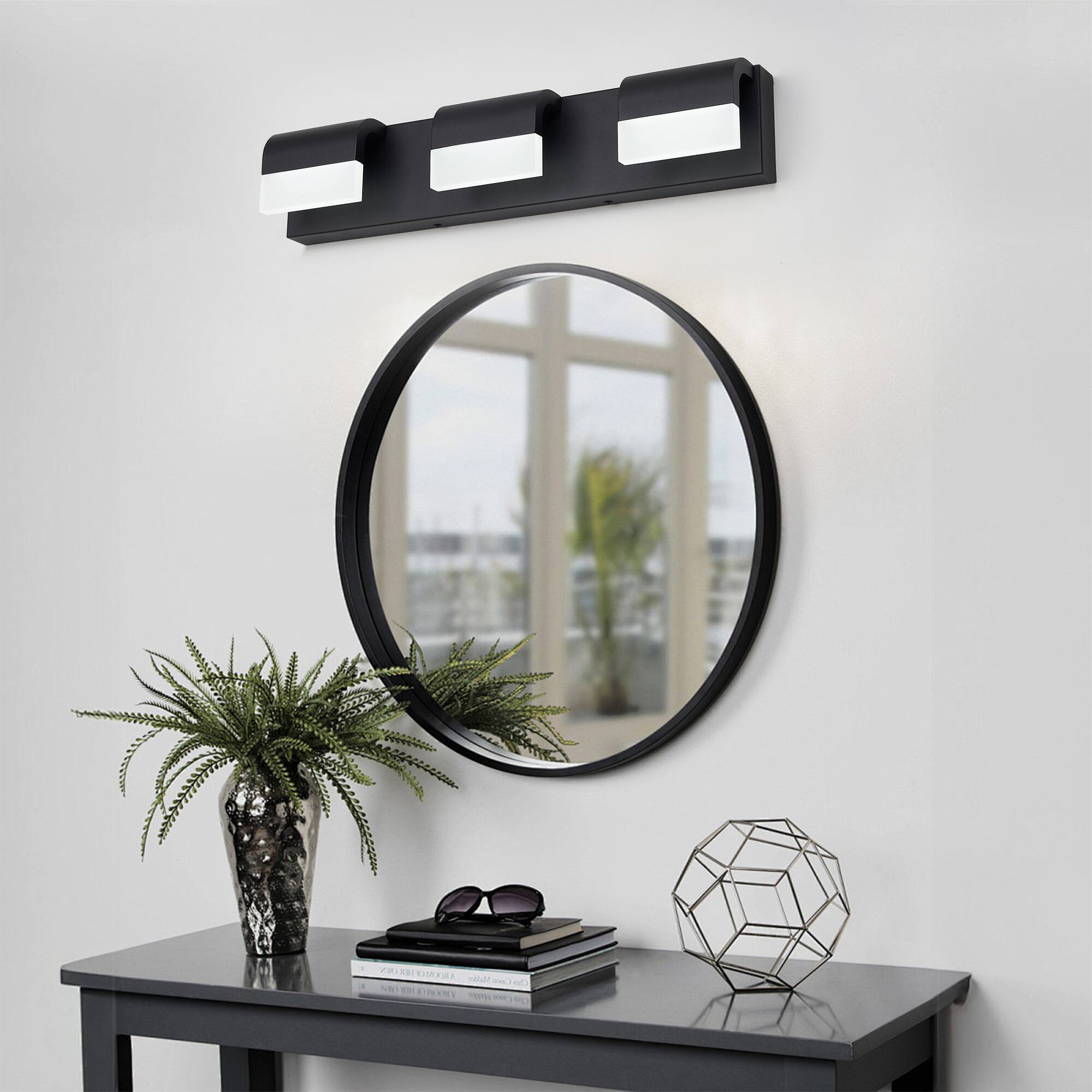 Left. HOMLUX - 21.65 in. 3 Lights Black LED Vanity Light Bar Vanity Accent Lighting Fixtures and Metal Wall Sconces with Acrylic Shade.
