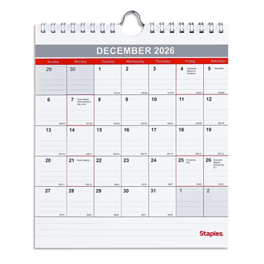 Staples - 2026 6.5" x 7.5" Monthly Wall Calendar, (ST53923-26) - White/Red/Gray