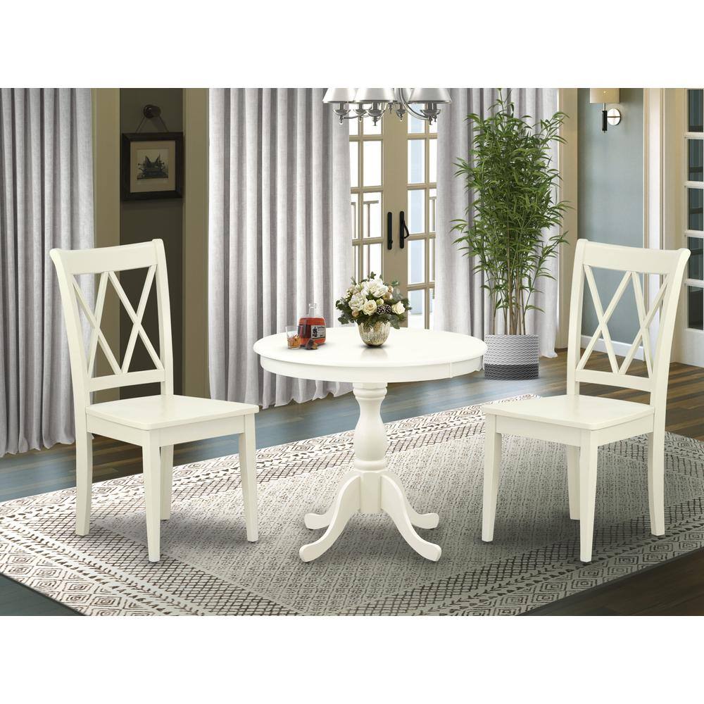 Alt View 3. East West Furniture - AMCL3-LWH-W 3 Piece Dining Room Set - 1 Pedestal Table and 2 Linen White Wooden Chairs - Linen White Finish - Linen White.