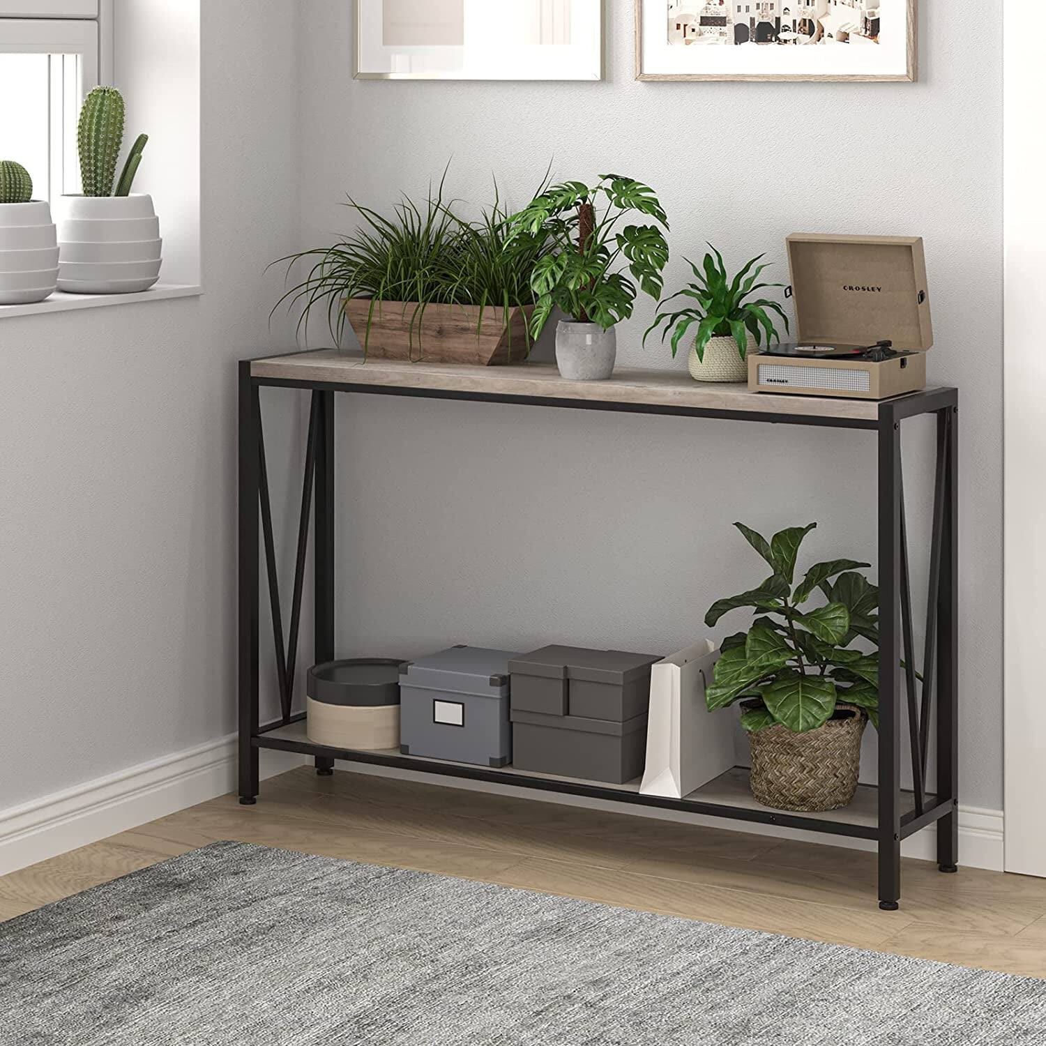 Angle. Electrodes Masters - 42.9-Inch Entryway Table with Storage - 2-Tier Console Table with Open Shelf, Gray Finish - Grey.