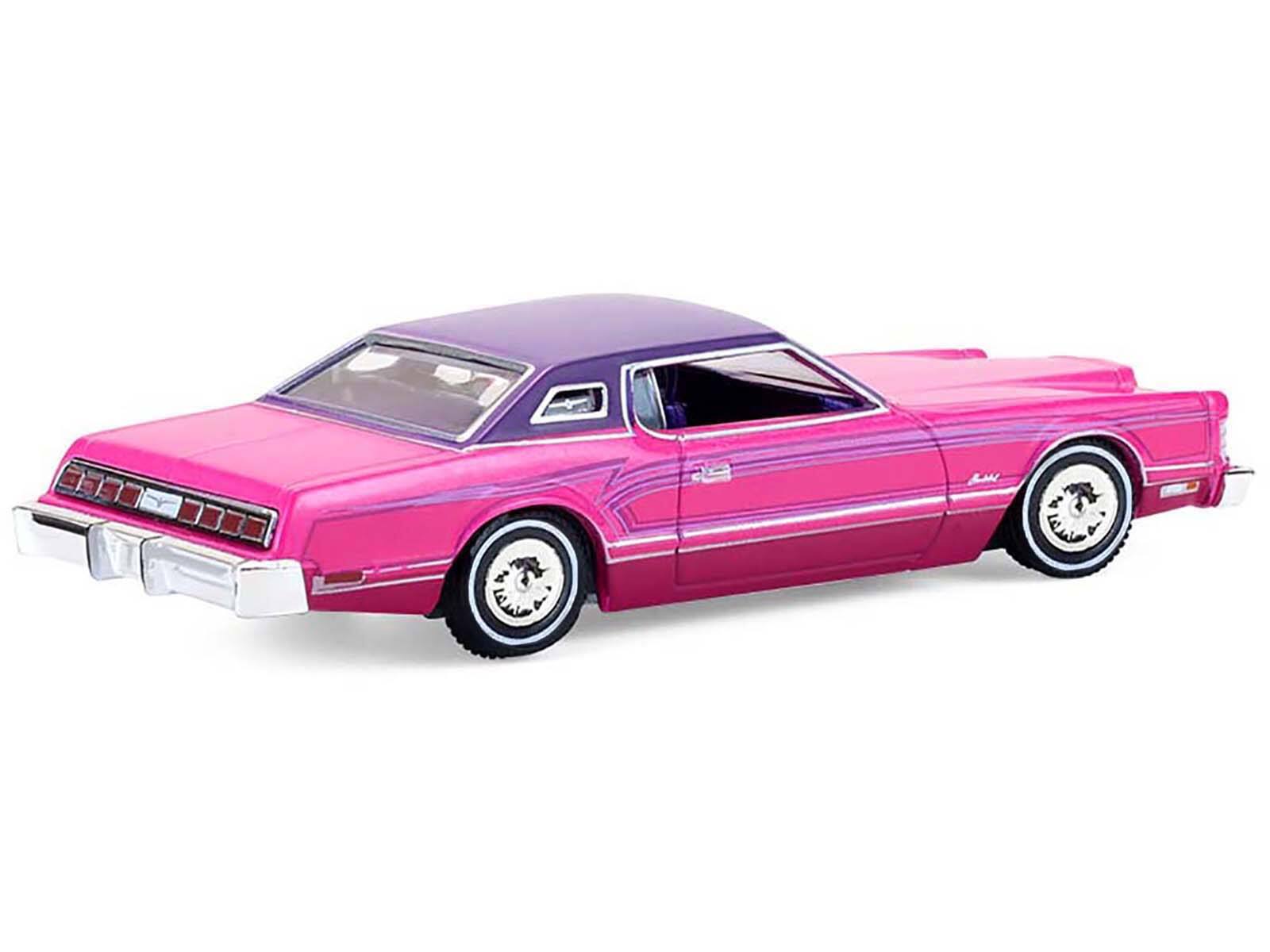 Alt View 3. Greenlight - 1975 Ford Thunderbird Lowrider Pink Metallic with Purple Top & Graphics & Interior 1/64 Scale Model Cars by Greenlight.