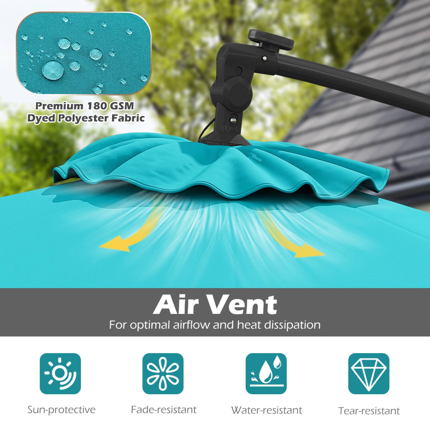 Premium 180 GSM Dyed Polyester Fabric Air Vent  
For optimal airflow and heat dissipation  
Sun-protective  
Fade-resistant  
Water-resistant  
Tear-resistant