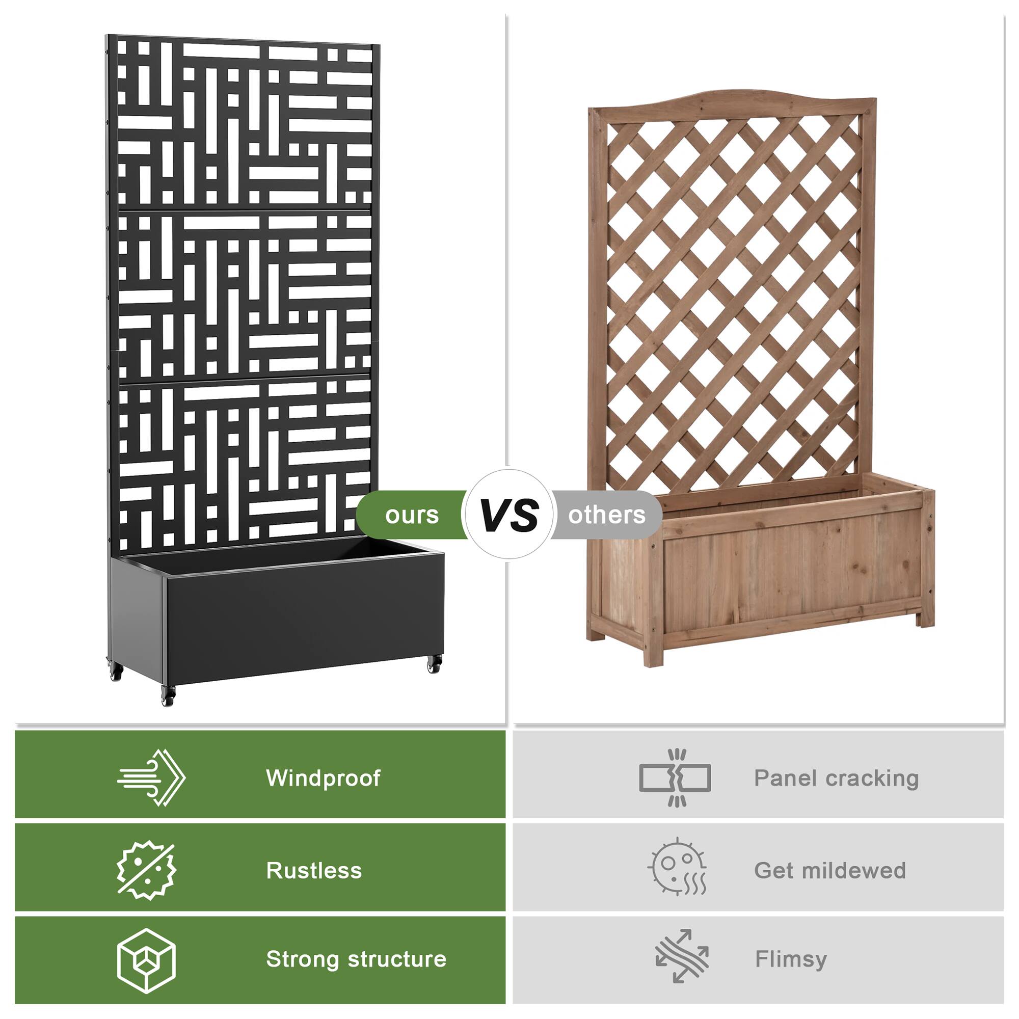 ours vs others

- Windproof
- Rustless
- Strong structure

others

- Panel cracking
- Get mildewed
- Flimsy