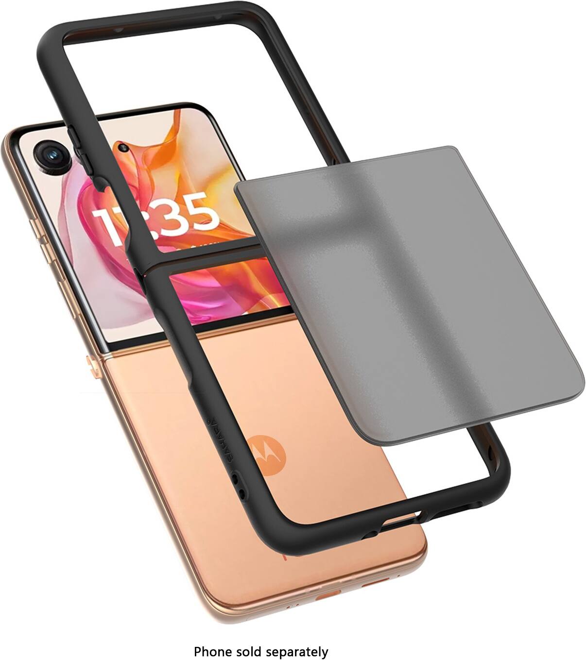 The image shows a phone with a case on it. The phone is gold and has a case that is also gold. The case is placed on top of the phone, and the time displayed on the phone is 11:35. The phone is being sold separately, as indicated by the text "Phone sold separately."