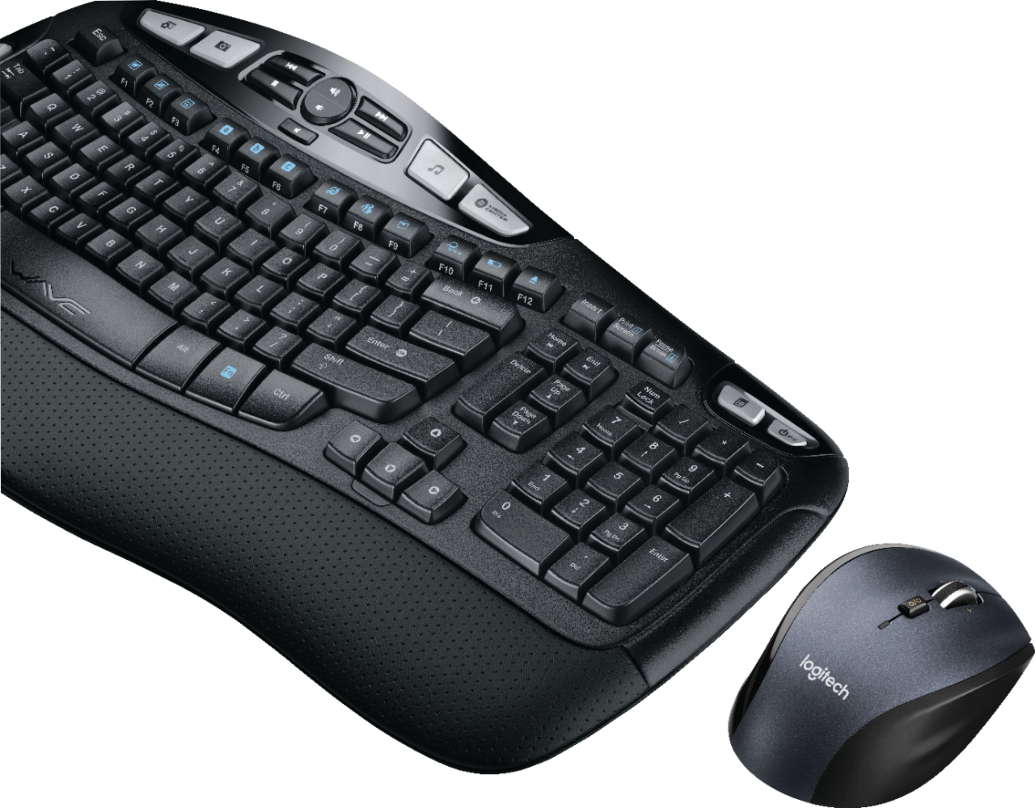 Left View: Logitech - MK570 Ergonomic Wireless Optical Comfort Wave Keyboard and Mouse - Black
