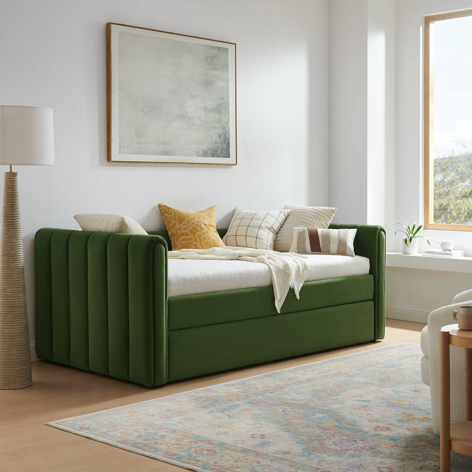 Alt View 1. Modway - Veyla Channel Tufted Performance Velvet Twin Daybed With Trundle by Modway - Moss Green.