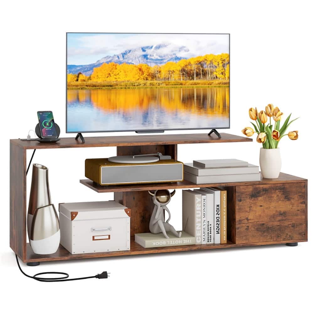 Pefilos - 60 Inch Entertainment Center TV Stand with Power Outlet, Entertainment Center, Rustic TV Cabinet - Brown
