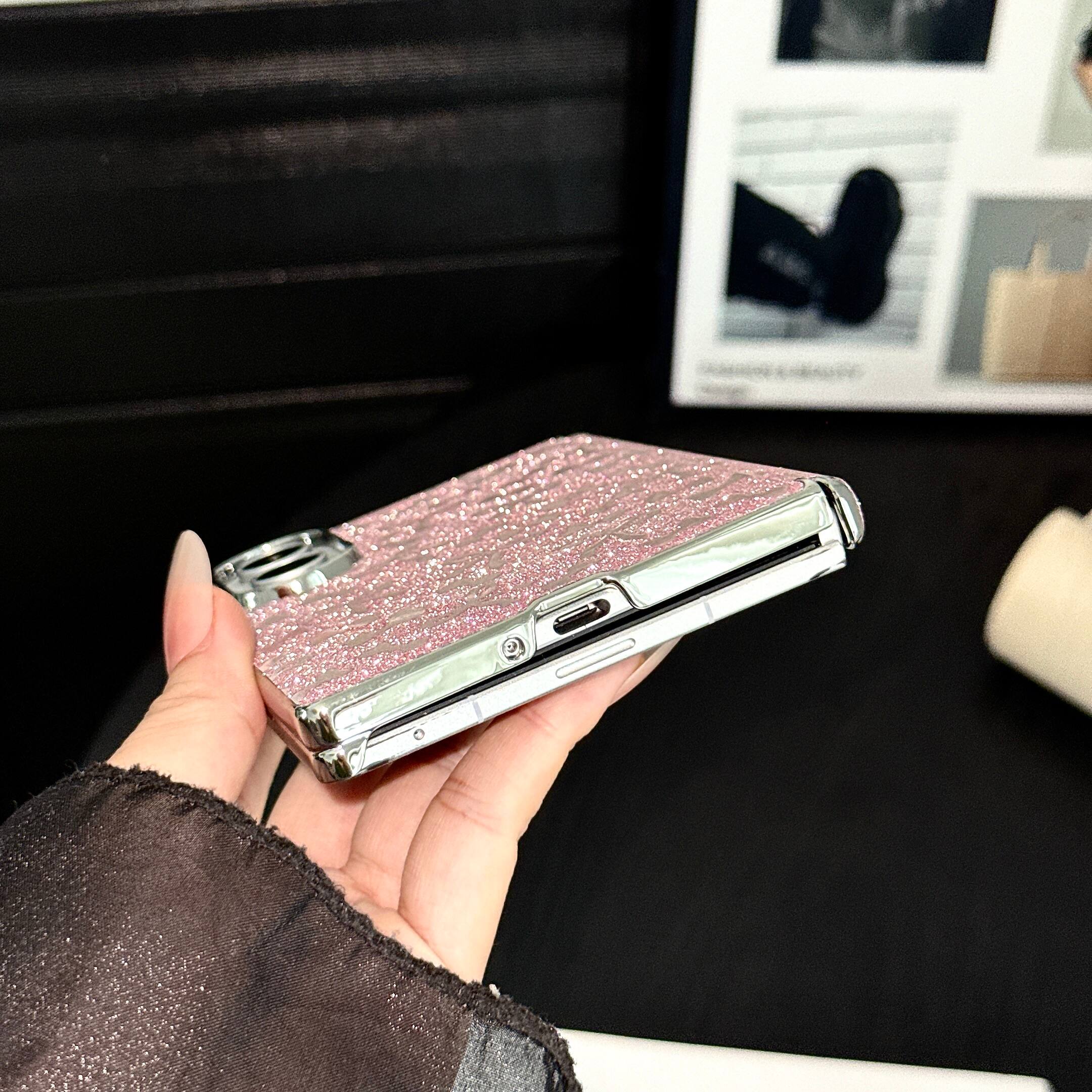 Alt View 2. Dteck - Glitter Electroplated Frame Case for Samsung Galaxy Z Fold8, Faux Leather Rigid Plastic Magnetic Hinge Protection Cover - Pink.
