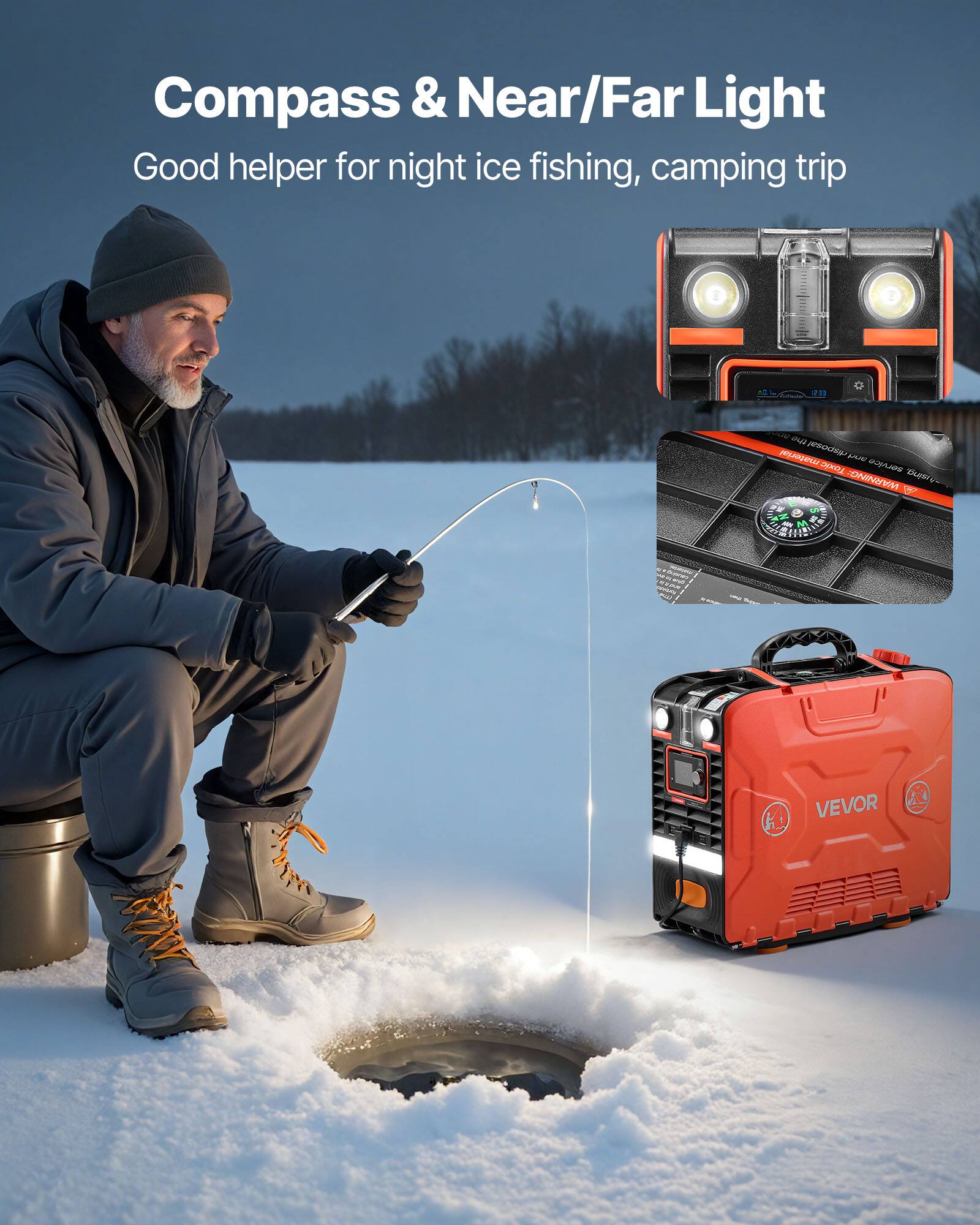 Compass & Near/Far Light  
Good helper for night ice fishing, camping trip  

213  
0  

the material disposal pue Toxic service WARNING: buysiv-  
Ki VEVOR