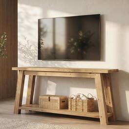 Tribesigns - 70.9-Inch Solid Wood Farmhouse TV Stand with Open Storage Shelves for TVs up to 80 Inches - Natural Wood Color