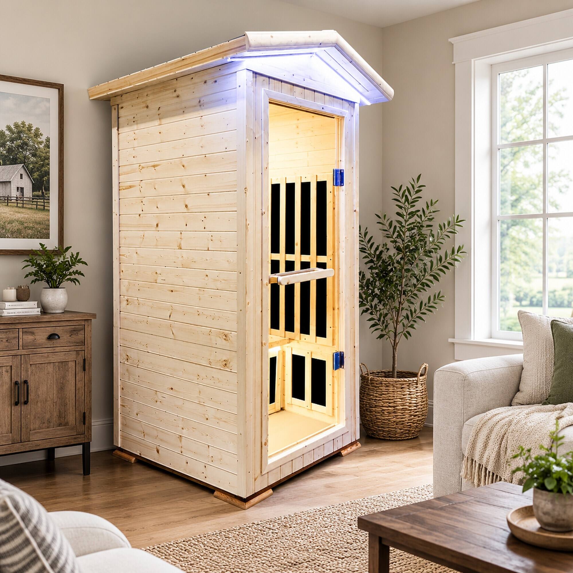 Alt View 1. RYHNUYNE - Single Person Spruce Far Infrared Sauna, 900 x 900 x 2070 mm, 7 Heating Plates, Bluetooth Music Player, 1550W - Natural.