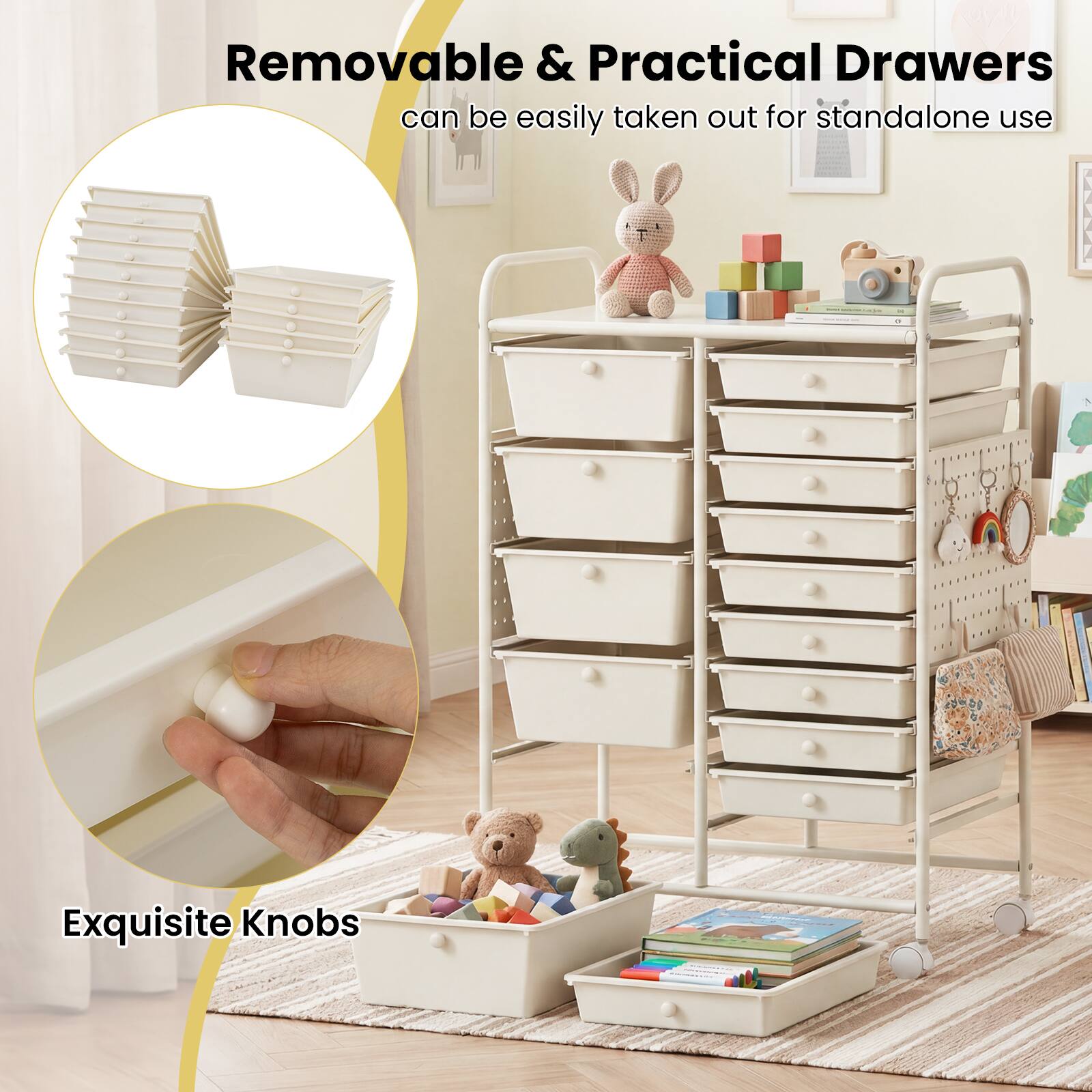 Removable & Practical Drawers can be easily taken out for standalone use  
Exquisite Knobs