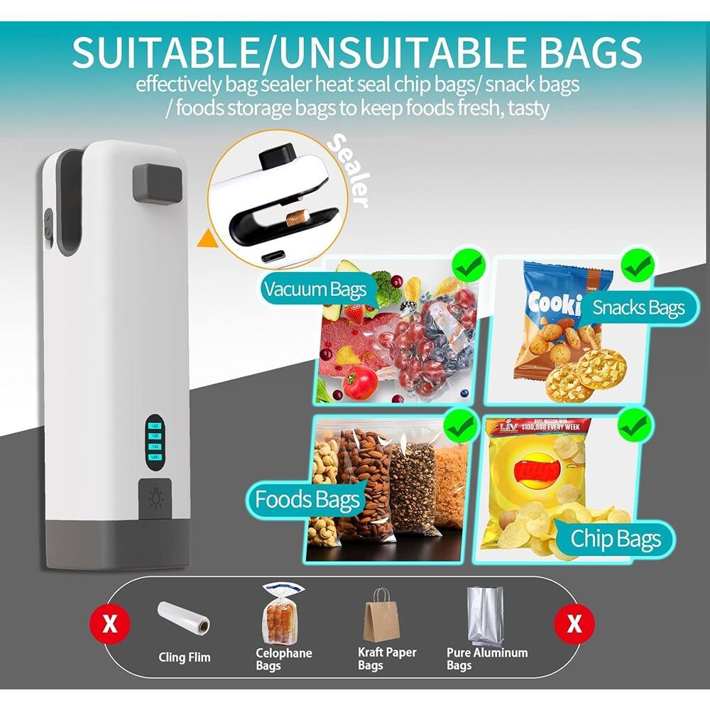 SUITABLE/UNSUITABLE BAGS

effectively bag sealer heat sealer / foods storage bags to keep foods fresh, tasty

SUITABLE BAGS
- Vacuum Bags
- Foods Bags
- Snacks Bags
- Chip Bags

UNSUITABLE BAGS
- Cling Film
- Celophane Bags
- Kraft Paper Bags
- Pure Aluminum Bags