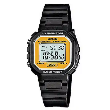 ILLUMINATOR CASIO START/STOP ALARM CHRONO DIII 5U 38 PM 1:5858 MODE LIGHT WR WATER RESIST
