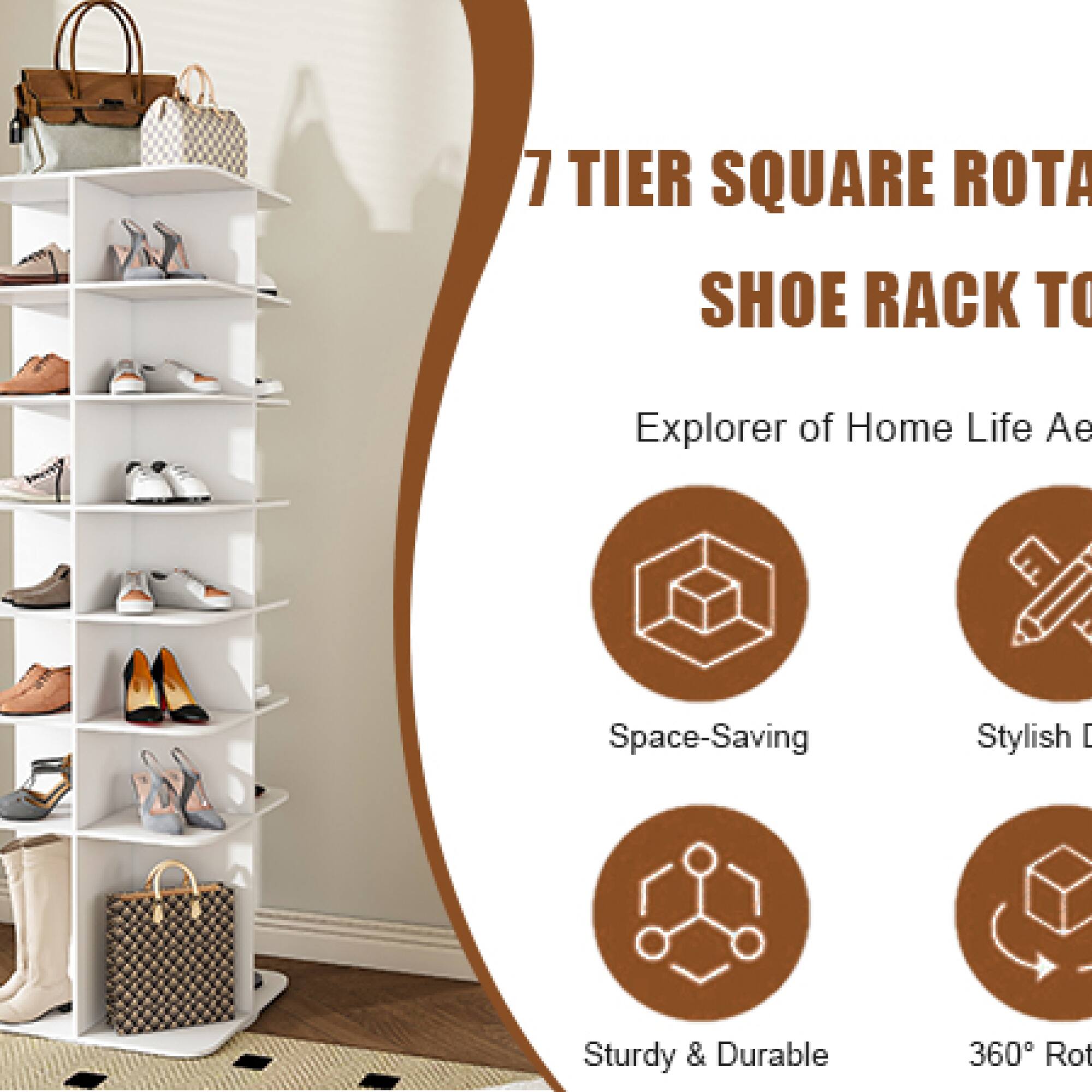 7 Tier Square Rotating Shoe Rack

Explorer of Home Life Aesthetic

- Space-Saving
- Stylish Design
- Sturdy & Durable
- 360° Rotation