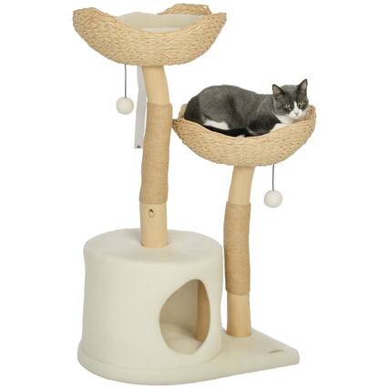 Front. Pawhut - 37" Cat Tree Tower for Indoor Cats, Modern Style with Wooden Scratching Posts, Condo, Beds, Toy Balls, Washable Cushions - Cream White.
