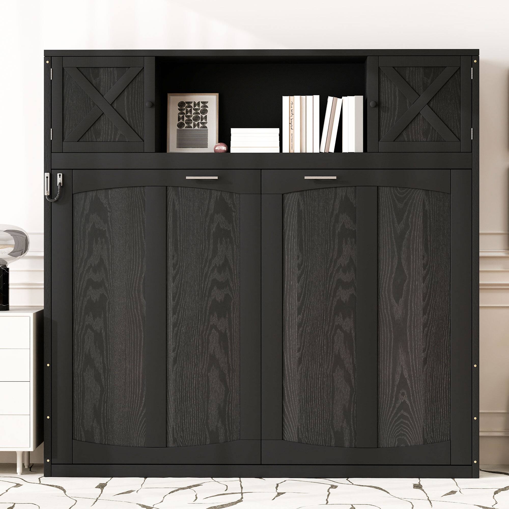 Left. Whisen - Queen Size Murphy Bed with Storage Cabinets, X-Shaped Design Space-Saving Wall Bed for Guest Room - Black.
