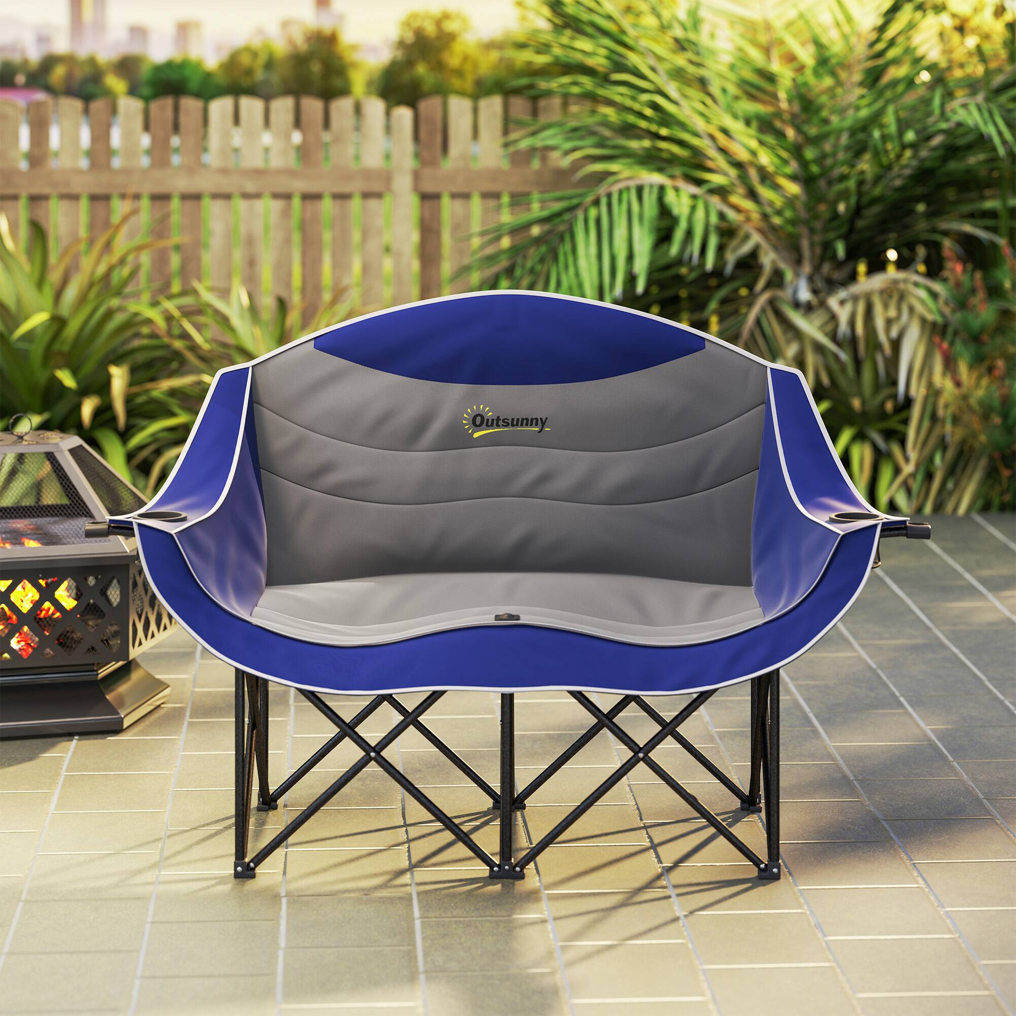 Alt View 7. Outsunny - Double Camping Chair for Adults, Padded Folding Camp Chair for 2 Person with Armrest, Wine Glass Holder, Cup Holder - Blue.