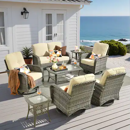 Front. Ovios - 8 PCS Patio Furniture Sofa Set Rattan Couch with Swivel Chair, Coffee Table & Side Table - Beige.