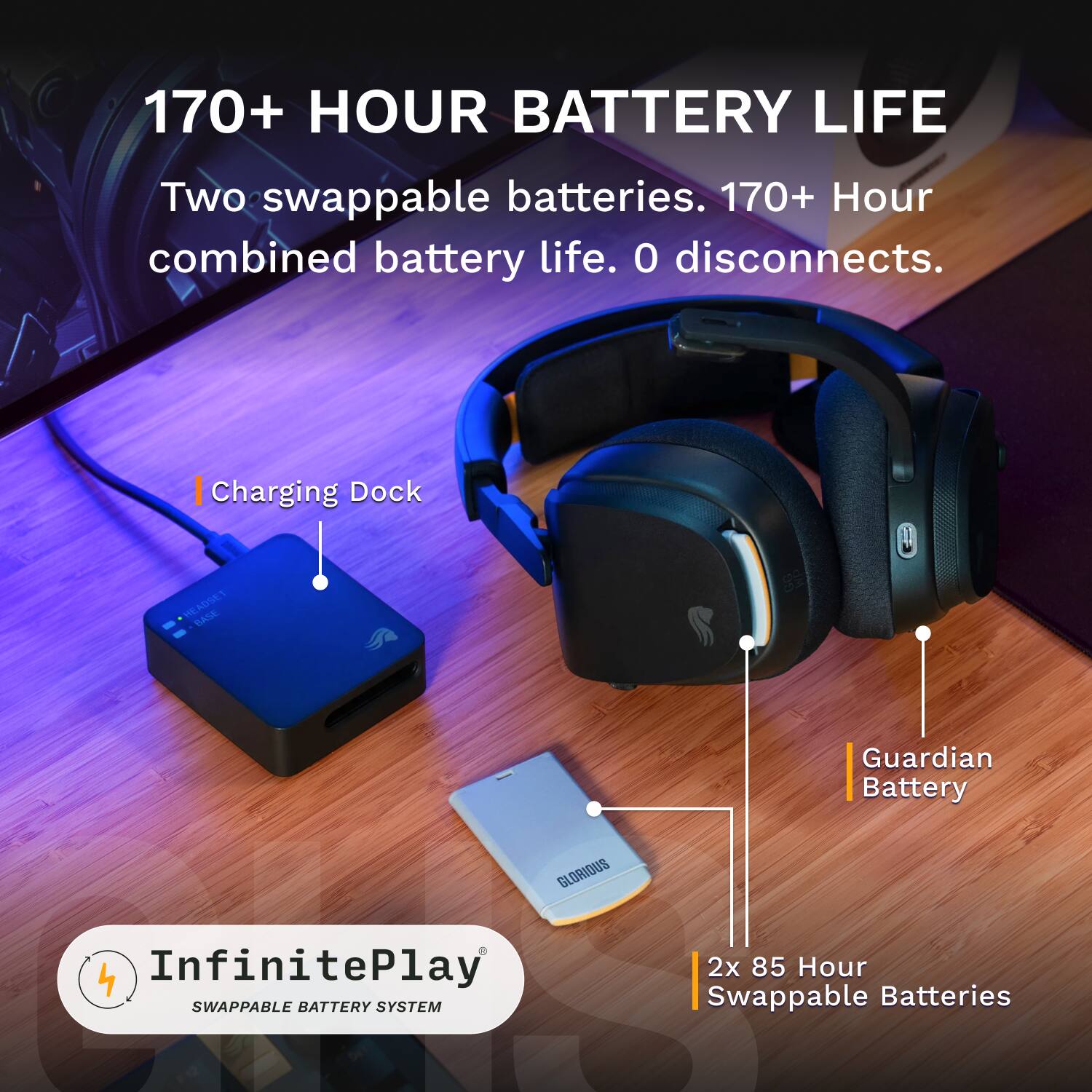170+ HOUR BATTERY LIFE

Two swappable batteries. 170+ Hour combined battery life. 0 disconnects.

Charging Dock

Guardian Battery

2x 85 Hour Swappable Batteries

InfinitePlay SWAPPABLE BATTERY SYSTEM