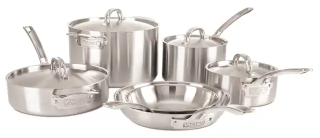 Angle. Viking - Professional 5 Ply, 10 Piece Cookware Set- Satin - Stainless Steel.