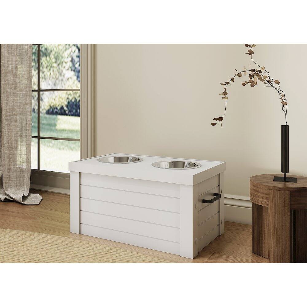 Angle. New Age Pet - Elevated Dog Feeder in Antique White, Two Bowl Design, Small to Medium Size Dog - White.