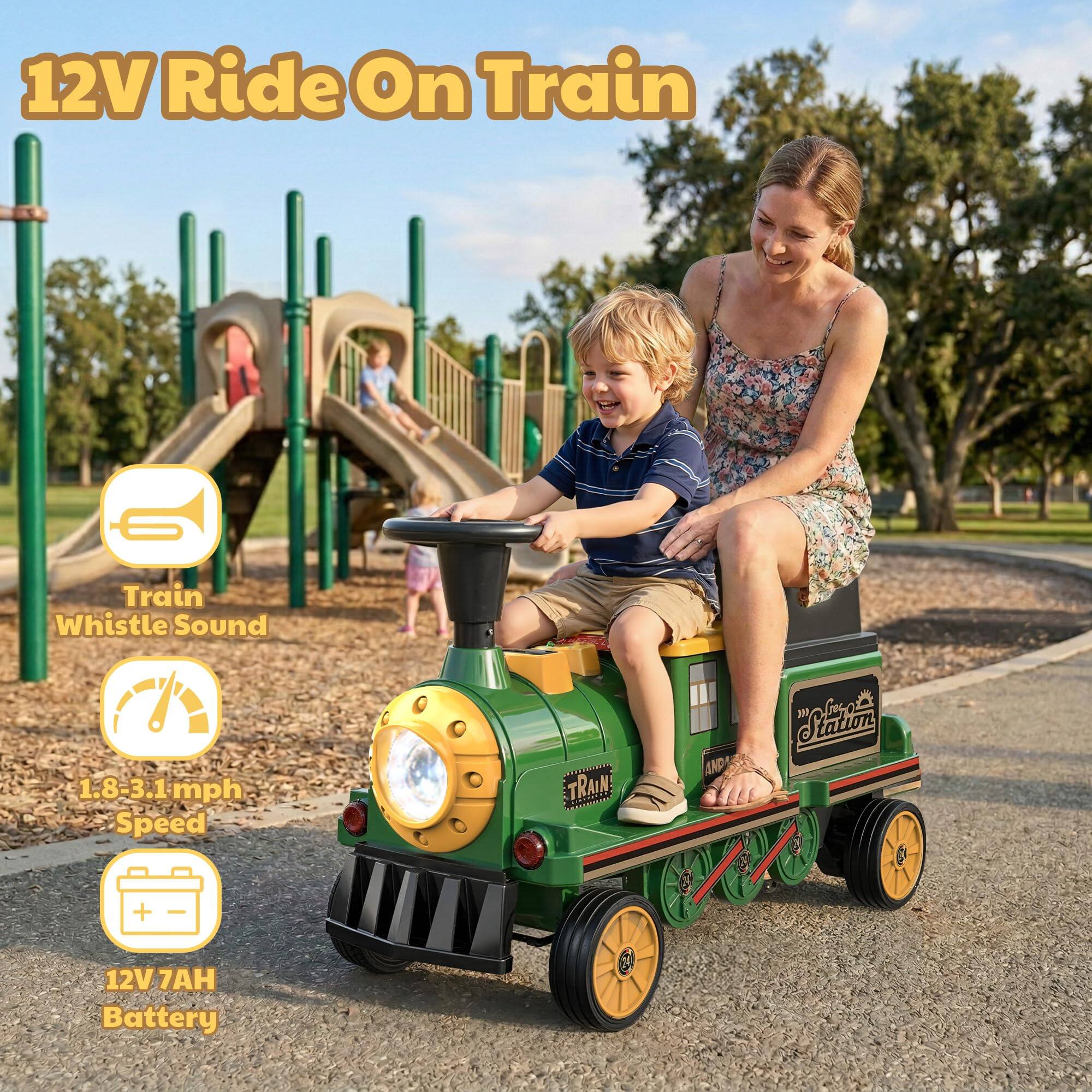 12V Ride On Train  
Train Whistle Sound  
1.8-3.1 mph Speed  
TRAIN!  
AND  
Stations  
+  
12V 7AH Battery