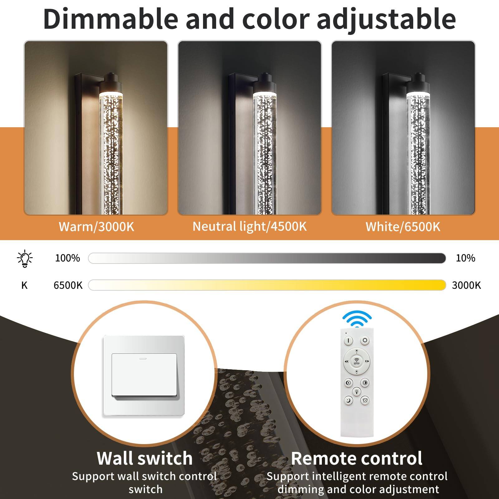 Dimmable and color adjustable

Warm/3000K  
Neutral light/4500K  
White/6500K  

Wall switch  
Support wall switch control switch  

Remote control  
Support intelligent remote control dimming and color adjustment  

100%  
6500K  
10%  
3000K