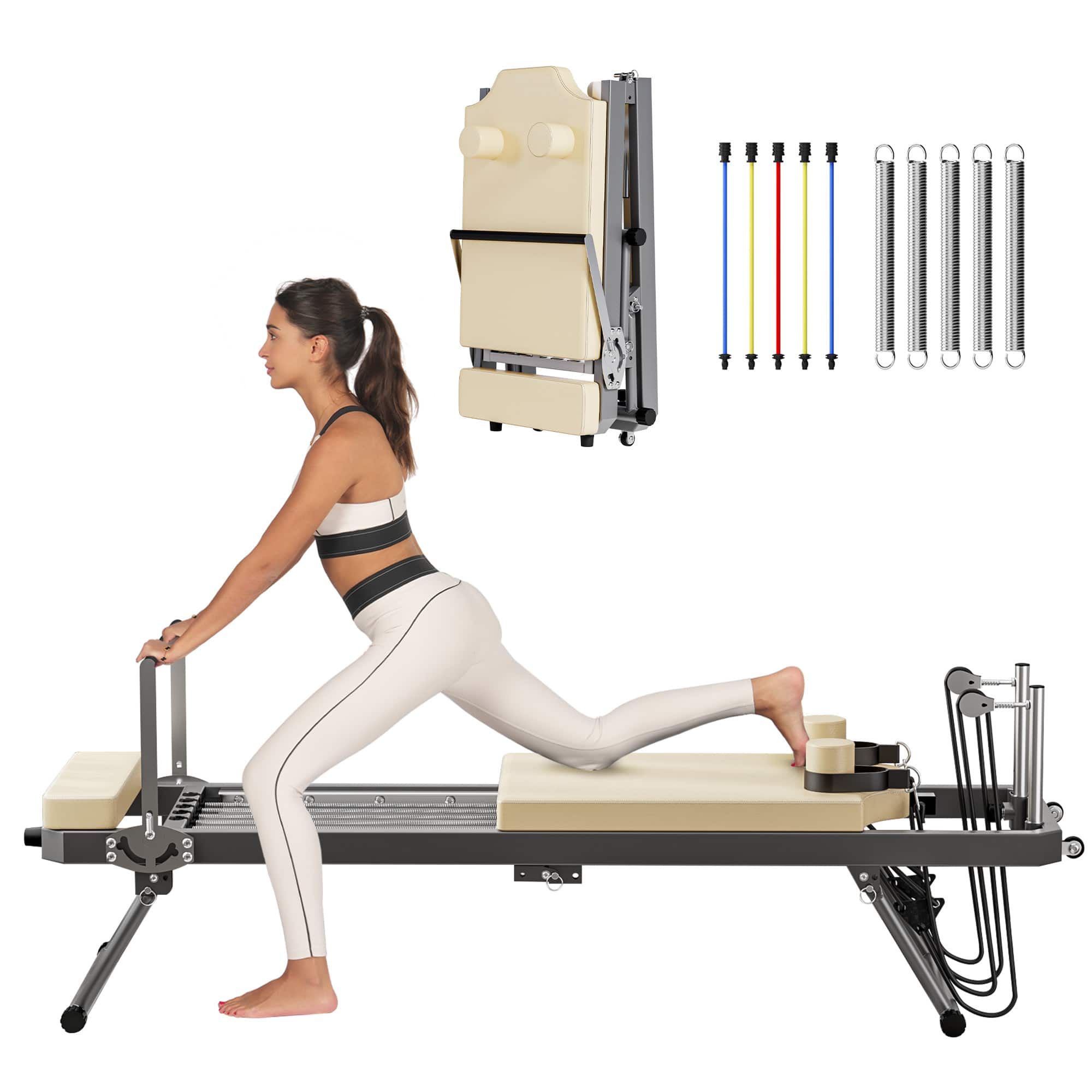 Brick Attic - Foldable Pilates Reformer Machine for Home Gym Workout, Multifunctional Yoga Pilates Fitness Equipment - Beige