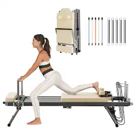 Brick Attic - Foldable Pilates Reformer Machine for Home Gym Workout, Multifunctional Yoga Pilates Fitness Equipment - Beige