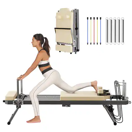 Front. Brick Attic - Foldable Pilates Reformer Machine for Home Gym Workout, Multifunctional Yoga Pilates Fitness Equipment, Beige - Beige.