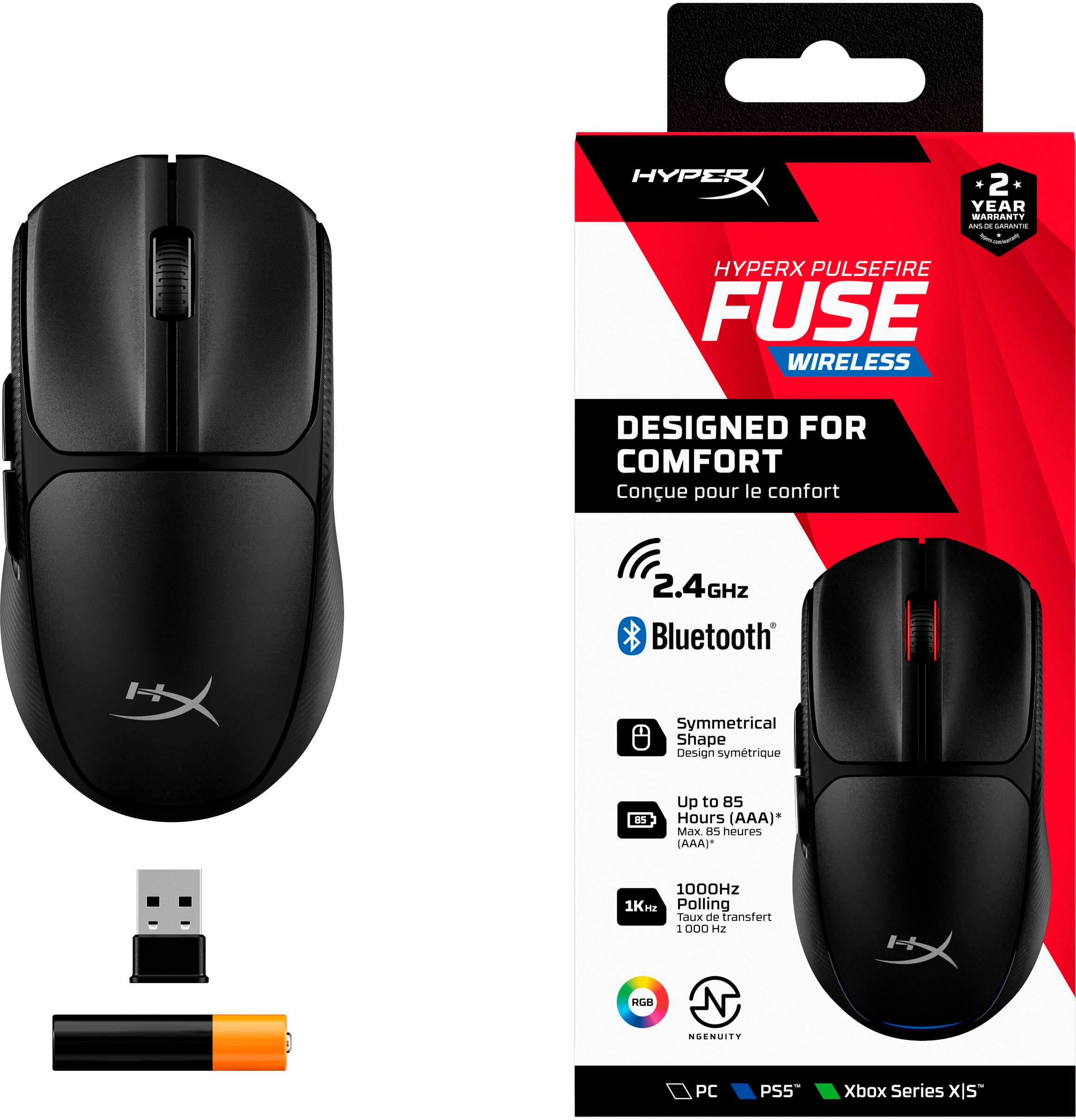 The image features a black HyperX Pulsefire Fuse Wireless mouse, designed for comfort. The mouse is accompanied by a USB dongle and a USB cable. The packaging includes a 2-year warranty and a symmetrical shape design for added comfort. The mouse has a 2.4GHz Bluetooth connection and can last up to 15 hours on a single set of batteries. The packaging also indicates that the mouse is compatible with PC, PS5, and Xbox Series X.